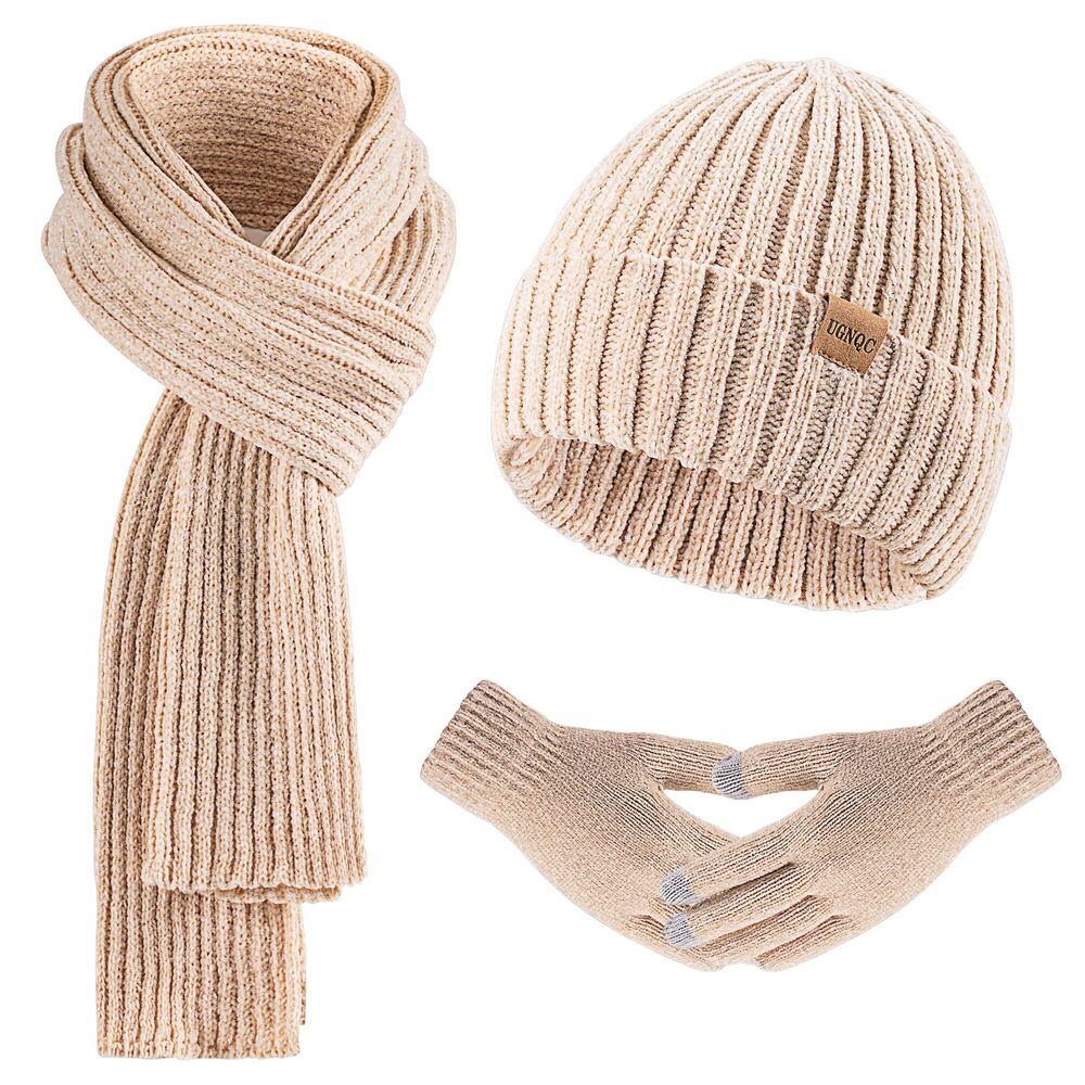 2759 Beanie Hat Scarf Gloves Set, Fleece Lined Long Knit Scarf Touchscreen